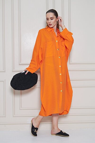Pasaklı Giyim Women's Bat Sleeve Suitable for Hijab Shirt Dress Linen Blended Oversize Orange Tunic 3282420