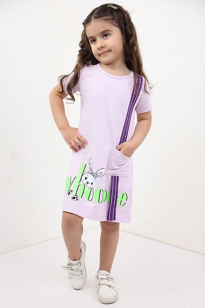 Toontoy Girl's Pocketed Striped Rabbit Printed Dress