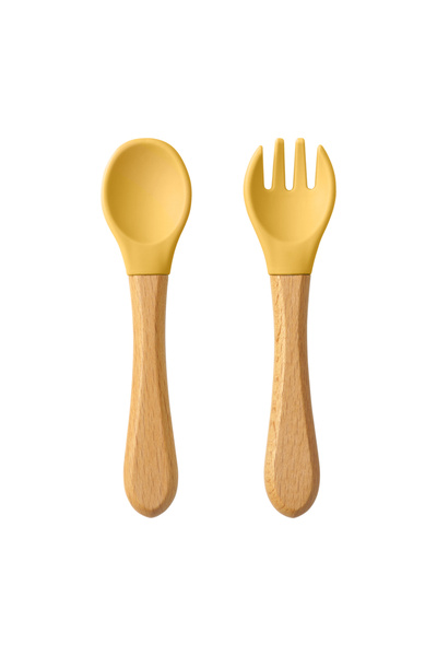 Choice 17-mustard 2pcs Baby Learning Spoons Utensils Set Food Grade Wooden Handle Silicone Spoon Fork Cutle