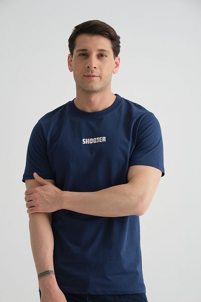 Shooter Ανδρικό T-shirt - Ανοιχτό Navy Blue, Minimal Printed, Cotton, Standard Fit