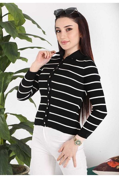BOZKAYA ÖRME Striped Tie-Dye Polo Collar Seasonal Women's Cotton Cardigan