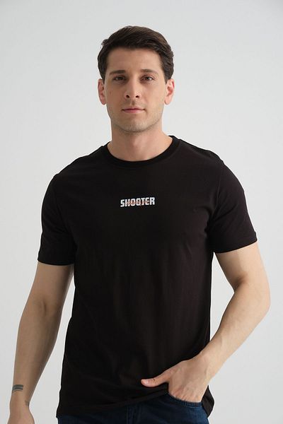Shooter Tricou pentru bărbați - Negru cu imprimeu minim, bumbac, potrivire standard