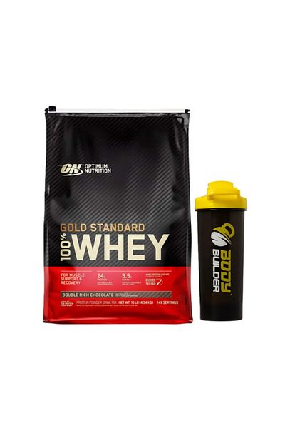 Optimum Nutrition Gold Standard Whey Protein 10 LB + Body Builder Shaker (Double Rich Chocolate)