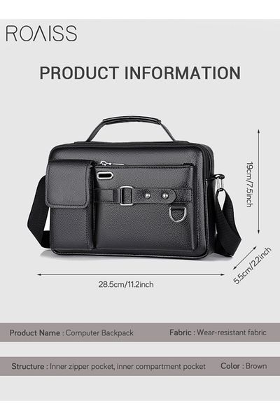 ROAISS Business Messenger Shoulder Bag PU Leather Retro Chic Handbag Large Capacity Casual Portable Zipper