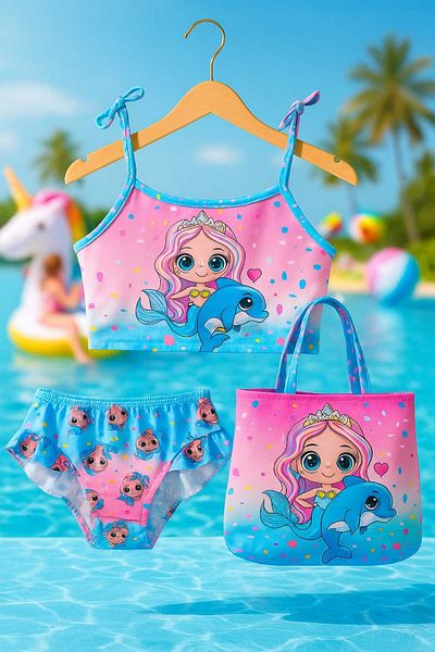 My Kids Wear Girls Ruffle Bikini Suit with Three Pieces Bag