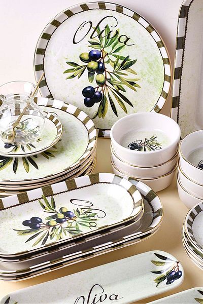 Perotti Olives 37 Piece Gilded Breakfast Set Tea Set for 6 People Stackable Breakfast Set Tea Set