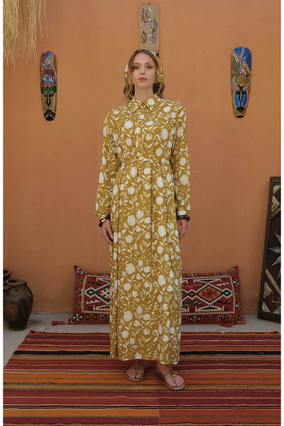 Fatma Atasoy Tie-Up Oil Green Floral Patterned Viscose Dress