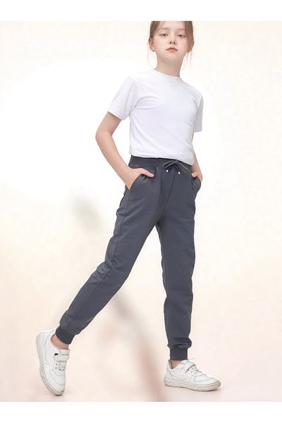 Jannock Girls' Knitted Cotton Combed School Trousers – 100% Cotton – Elastic Waist and Leg – Gray Color