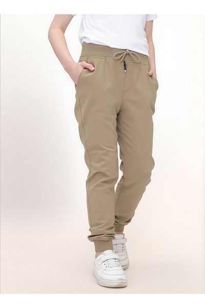 Jannock Girls' Knitted Cotton Combed School Trousers – 100% Cotton – Elastic Waist and Leg – Beige Color