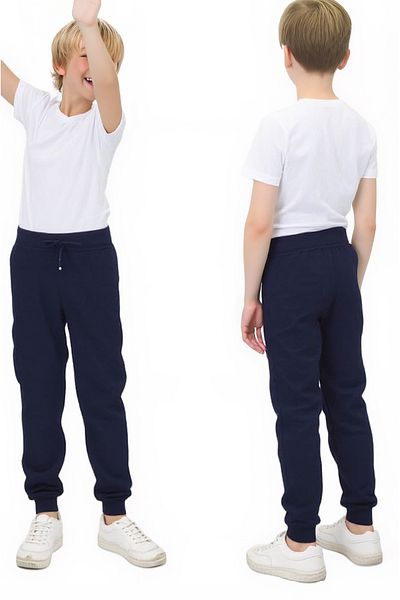 Asortix Boys' Navy Blue School Trousers 100% Cotton Elastic Waist and Leg Relaxed Fit