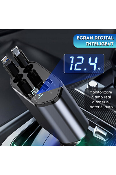 NARCIX INCARCATOR AUTO 4 in 1, Retractabil, USB-C & Lightning, 120W, Display Digital, Negru