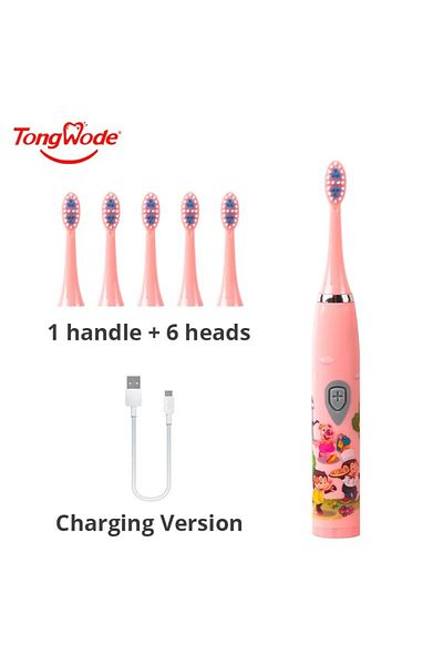 Choice Pink With 6 Heads Children Sonic Electric Toothbrush Colorful Cartoon For Kids USB Rechargeable Soft