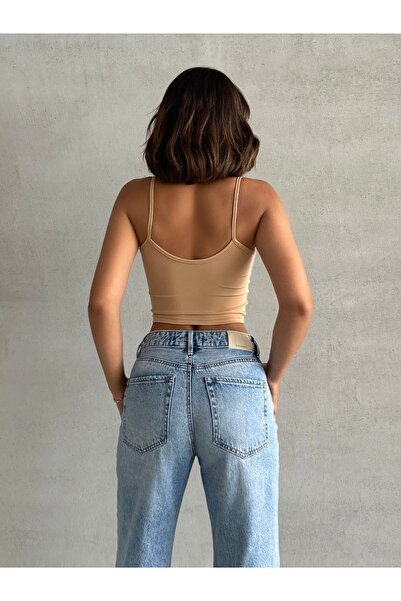 The Base Top crop cu bretele din stofă scuba bej pentru femei