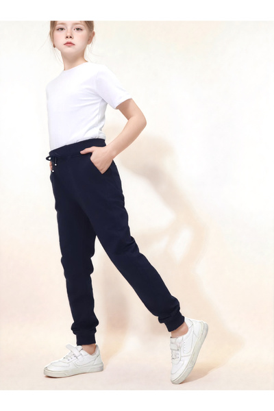 Jannock Girls' Knitted Cotton Combed School Trousers – 100% Cotton – Elastic Waist and Leg – Navy Blue Color