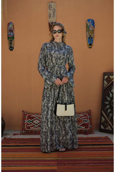 Fatma Atasoy Gathered Black Animal Patterned Viscose Dress