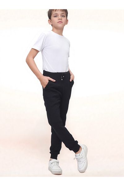 Jannock Boys' Knitted Cotton Combed School Trousers – 100% Cotton – Elastic Waist and Leg – Black Color