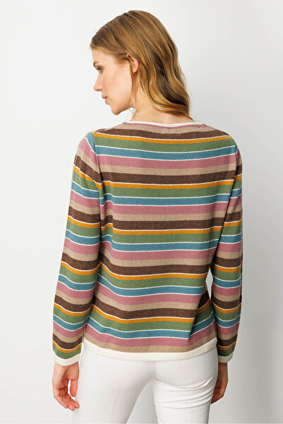 Desen Triko Striped V-Neck Women's Sweater - Bone Color