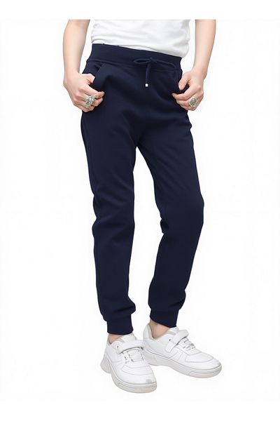 Jannock Girls' Knitted Cotton Combed School Trousers – 100% Cotton – Elastic Waist and Leg – Navy Blue Color