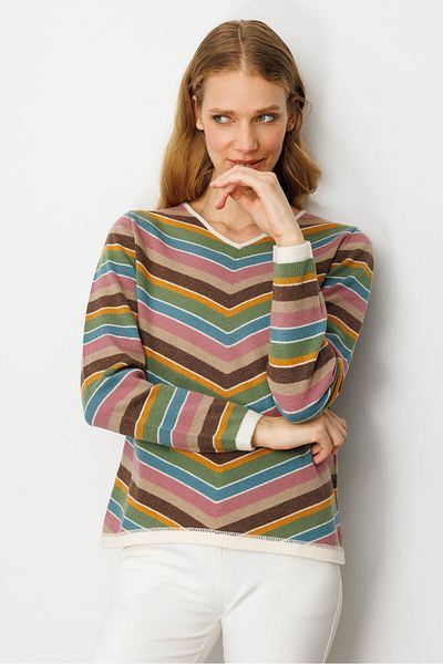 Desen Triko Striped V-Neck Women's Sweater - Bone Color