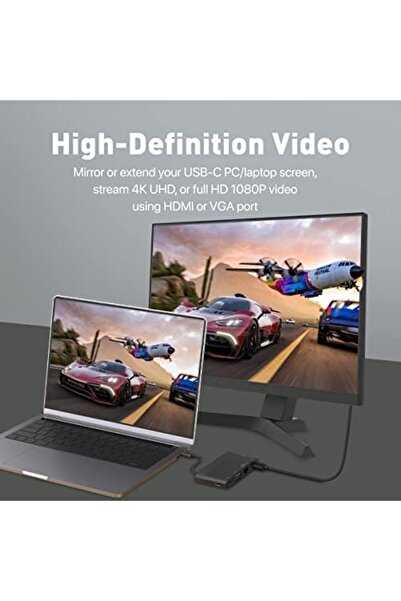 Promate محول USB-CHub، 6 في 1 من النوع C للمزامنة/الشحن مع منفذ HDMI بدقة 4K، ومنفذ VGA بدقة 1080 بكسل، وشبكة LAN بسرعة 1000 ميجابت في الثانية، ومنفذ USB-C بقوة 100 وات