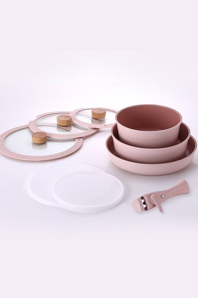 NEOFLAM Midas Pink 9-Piece Detachable Handle Nesting Induction Pot Pan Set