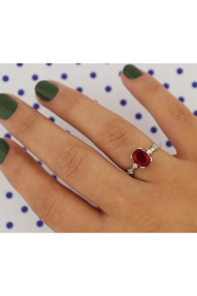 Silveranka 925 Ayar Gümüş Yüzük Oval Yakut Kırmızısı Vintage Yüzük