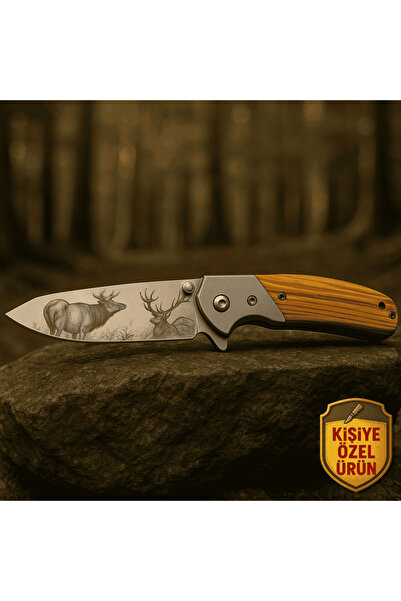 Tesbihane Zeytin Ağacı Saplı Geyik Deyatlı Isme Özel Yazılı 9cr18mov Kalite Paslanmaz Çelik Avcı Kamp Bıçağı