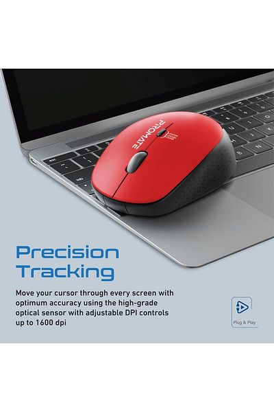 Promate Wireless Mouse, Ergonomic 2.4GHz Wireless with Comfort Grip, Adjustable 1600DPI, 4 Programma