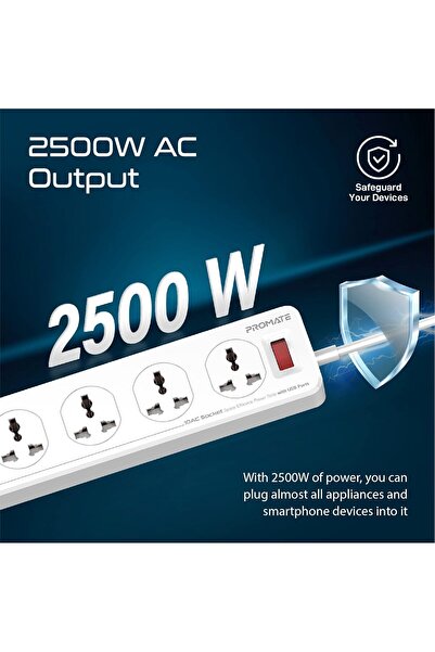 Promate موصِّل طاقة، موصل طاقة قوي 2500 واط عالمي ب 10 مقابس تيار متردد مع سلك 5 متر، 20 واط من النوع C