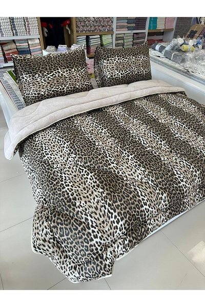 Violacasa Double Sided Welsoft Quilt Set Double Beige Leopard