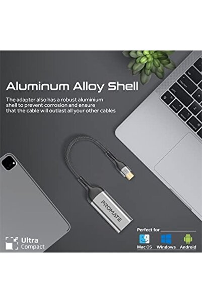 Promate محول USB-C إلى HDMI، محول HDMI فائق الدقة 8k@60hz مع نقل 48 جيجابت في الثانية، كوم