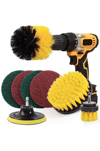 Quasar & Co. Set of 8 Cleaning Brushes and Accessories with Adapter for Drill/Self-tapping Screwdriver, 3 Brushes, 1 Plate, 4 Sponges