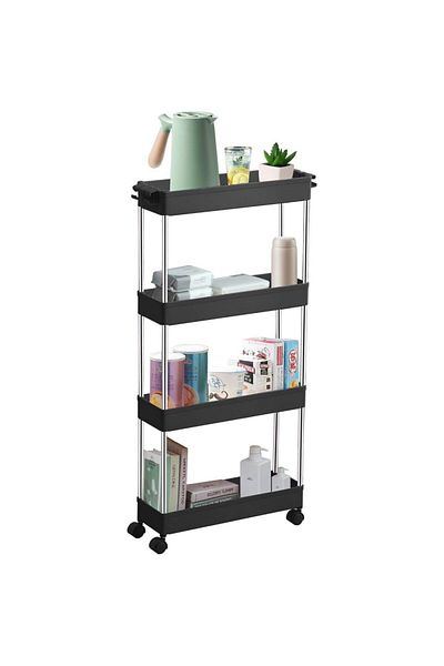 Quasar & Co. Storage Shelf, with Wheels, 4 Shelves, for Narrow Spaces, 40x12x86.5cm, abs/stainless steel, black