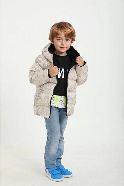 Firststops Sport Boy Beige Compass Pattern Fleece Water and Windproof Hooded Puffer Coat
