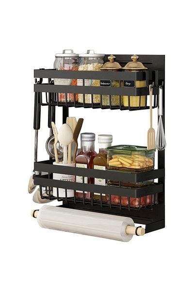 Quasar & Co. Universal Shelf With 2 Shelves, Towel Roll Holder, 4 Hooks, Magnetic Grip, 30x11x38cm