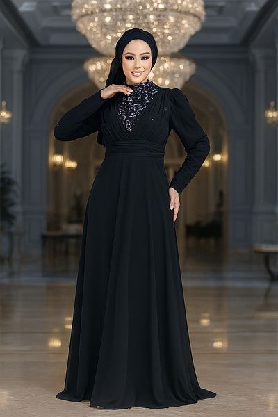 Neva Style Ασημένιο Μουσουλμανικό Βραδινό Φόρεμα με Λεπτομέρεια Παγιέτες 56280 γρ