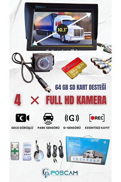 POSCAM 4 Kameralı Full Hd Gece Görüşlü Hareket Algılamalı Tır Kamera Seti