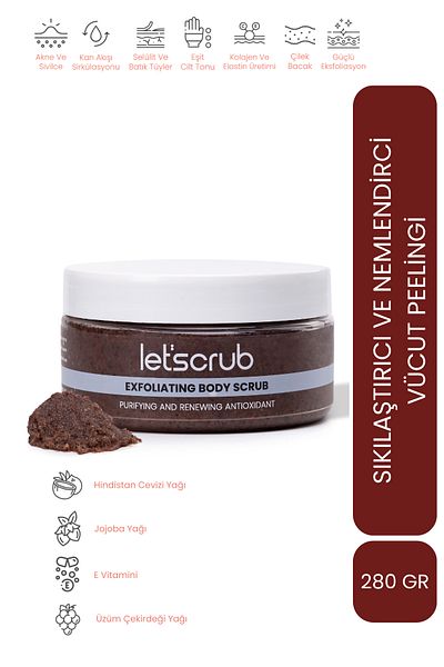 LET'SCRUB 280 Gr Antioxidant Body Scrub - Purifying and Renewing Body Scrub with Grape Seeds