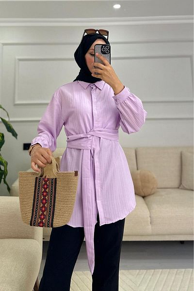 HİFADEN Γυναικείο μακρυμάνικο πουκάμισο Hijab με λεπτομέρεια ζώνης