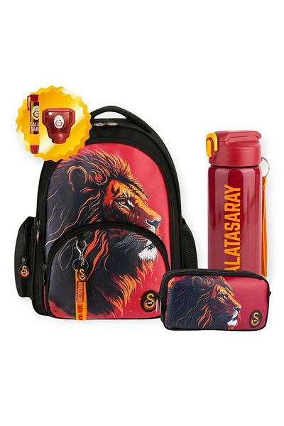 Galatasaray Faux Leather School Bag, Pencil Bag, Keychain, Pencil Sharpener, Eraser and Steel Flask Gift