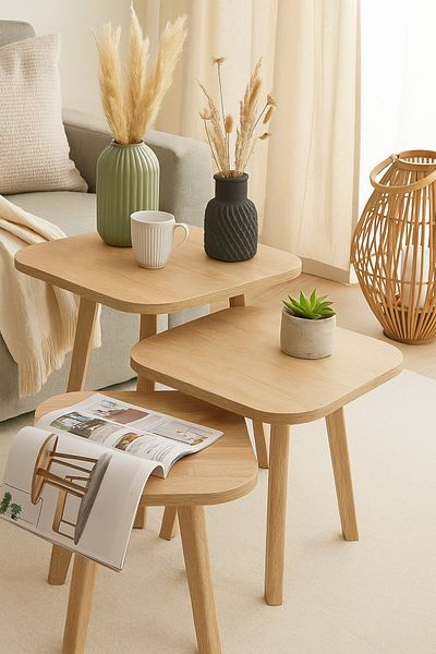 Living Set of 3 Square Wooden Tables – Modern & Space-Saving Design