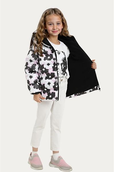 Firststops Sports Girl's White Purple Flower Pattern Fleece Water and Windproof Hooded Puffer Coat