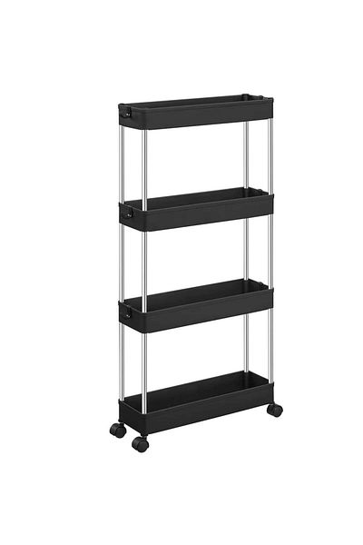 Quasar & Co. Storage Shelf, with Wheels, 4 Shelves, for Narrow Spaces, 40x12x86.5cm, abs/stainless steel, black