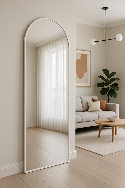 Ersan Dizayn Beyaz Metal Çerçeve Oval Boy Aynası 65x180