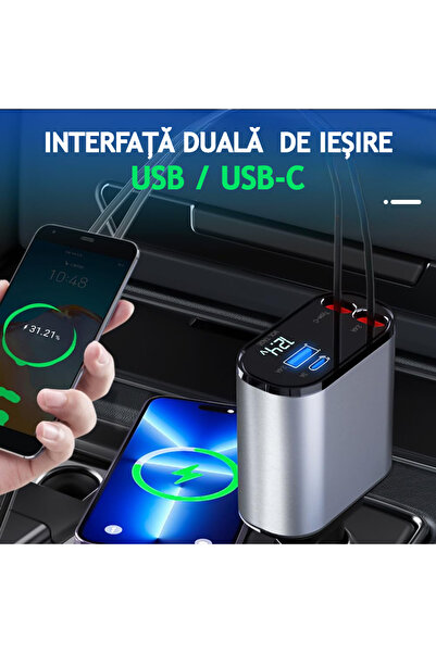 VENTLEX 4in1 Retractable Fast Car Charger Digital Voltage Display With 2 Retractable Typec/apple Cables