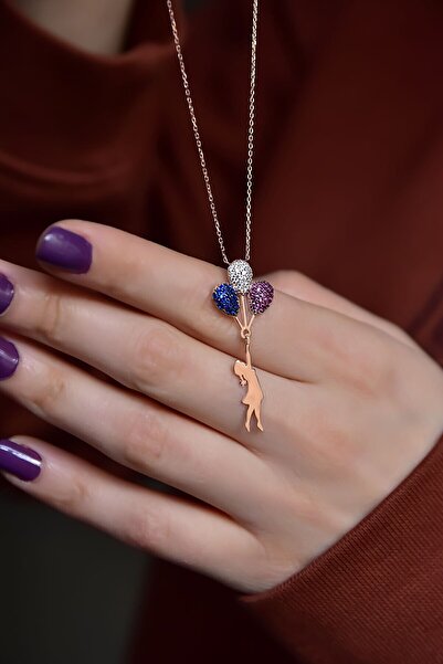 Papatya Silver Balonlu Kız Kolye. Renkli Nano Taşlı Rose Altın Kaplama 925 Ayar Gümüş Kolye.