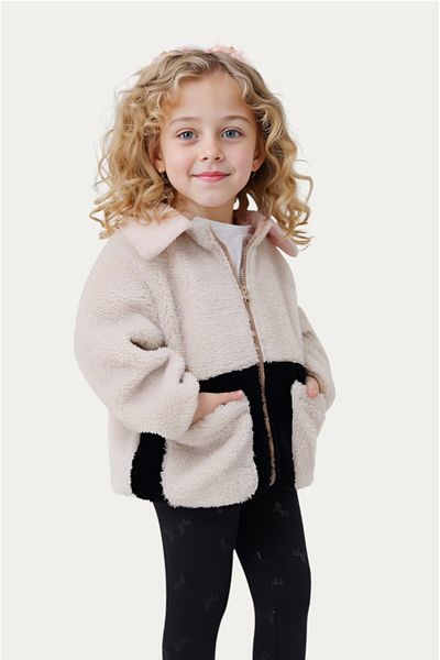 Firststops Sports Girl's Plush Ecru Black Zippered Welsoft Coat