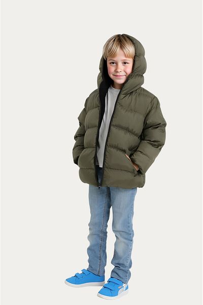 Firststops Sports Boy's Khaki Fleece Fur Hooded Waterproof Wind-Resistant Puffer Jacket
