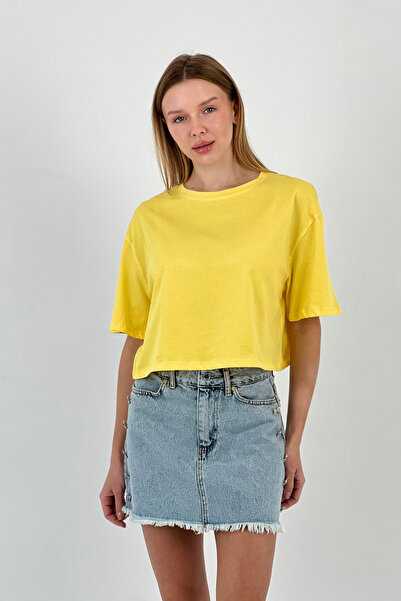 Miss Poem Women's Oversize Basic Short Sleeve Yellow Crop T-Shirt