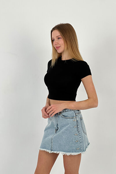 Miss Poem Women's Tight Summer Short Sleeve Short Black Crop T-Shirt